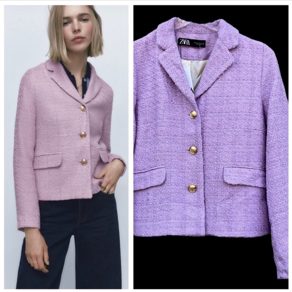 NWT ZARA LAVENDER TWEED Blazer Suit Jacket Topper Purple Gold BOUCLE
